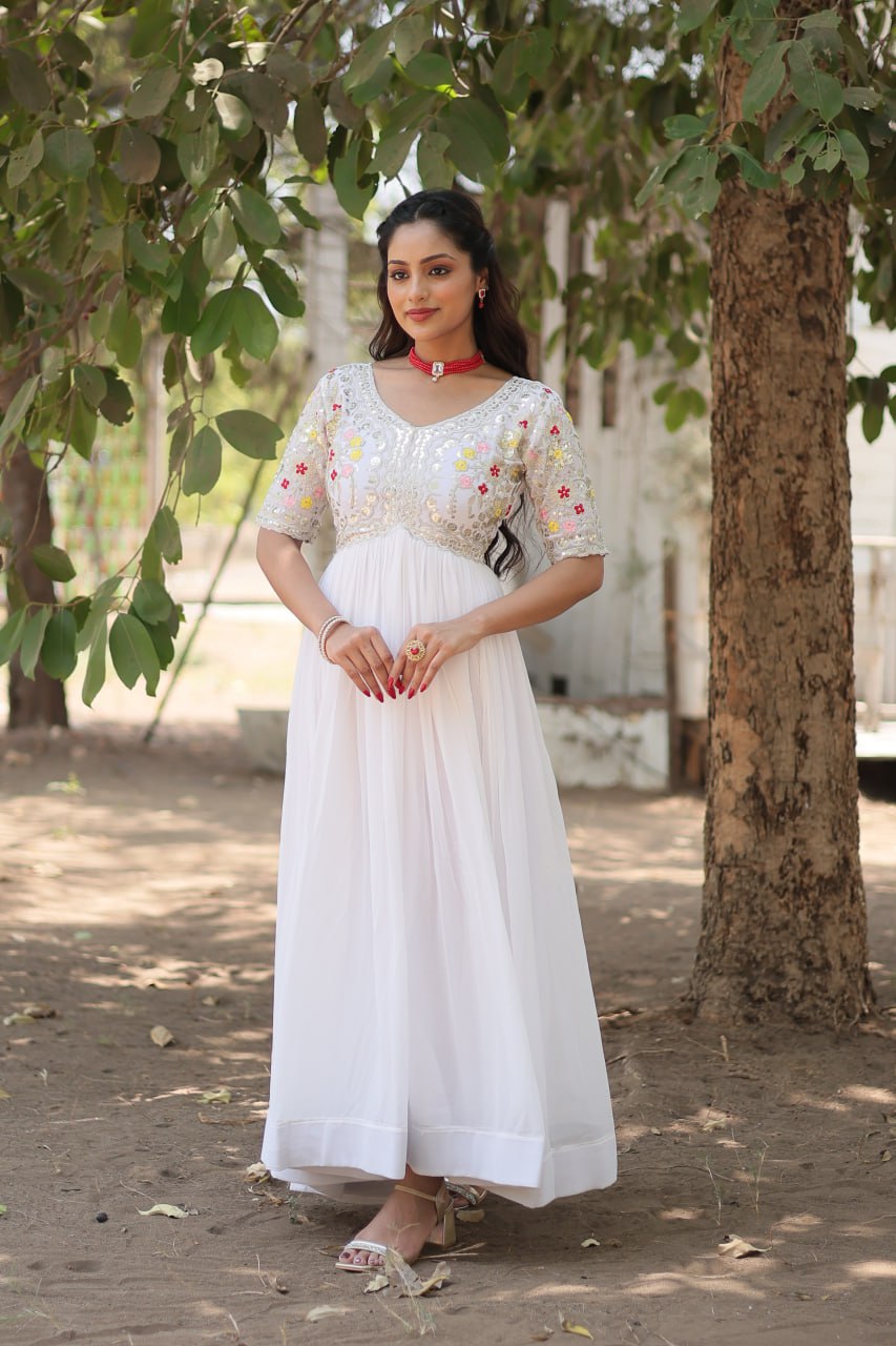 Faux Blooming White Gown with Zari & Sequin Embellishments