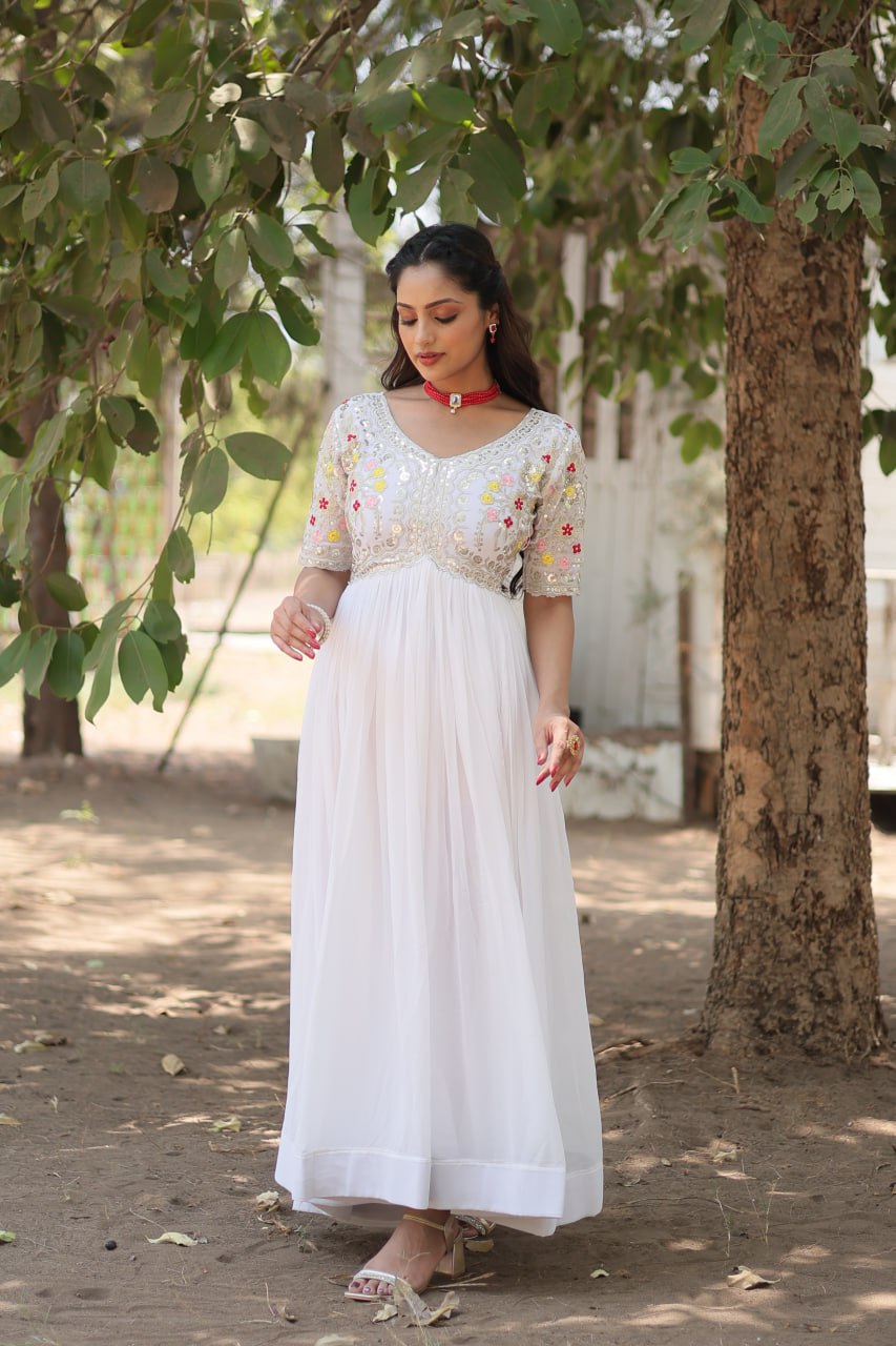 Faux Blooming White Gown with Zari & Sequin Embellishments