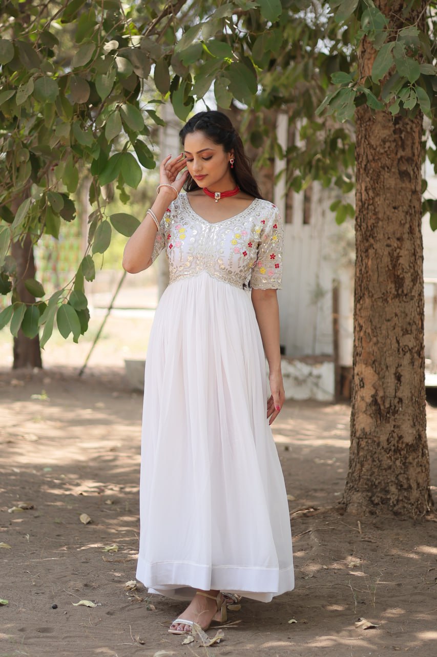 Faux Blooming White Gown with Zari & Sequin Embellishments