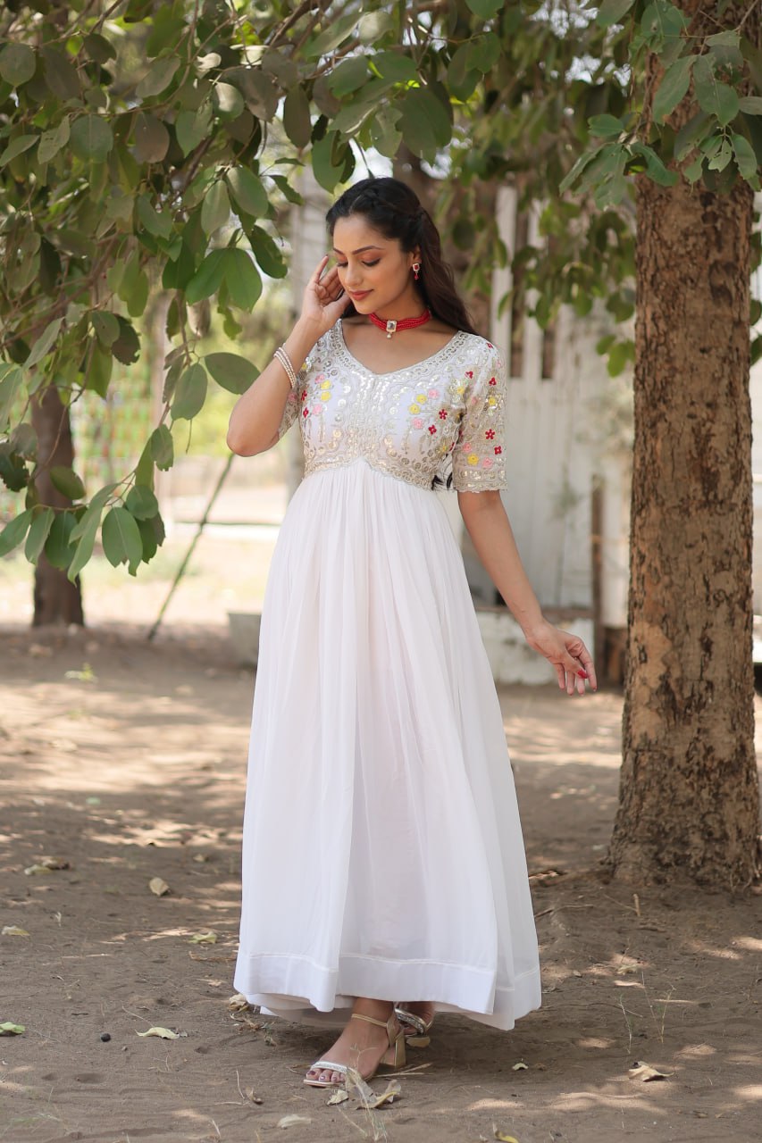 Faux Blooming White Gown with Zari & Sequin Embellishments