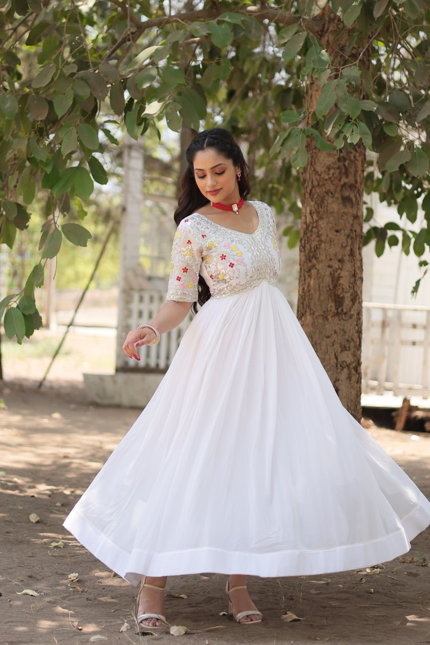Faux Blooming White Gown with Zari & Sequin Embellishments