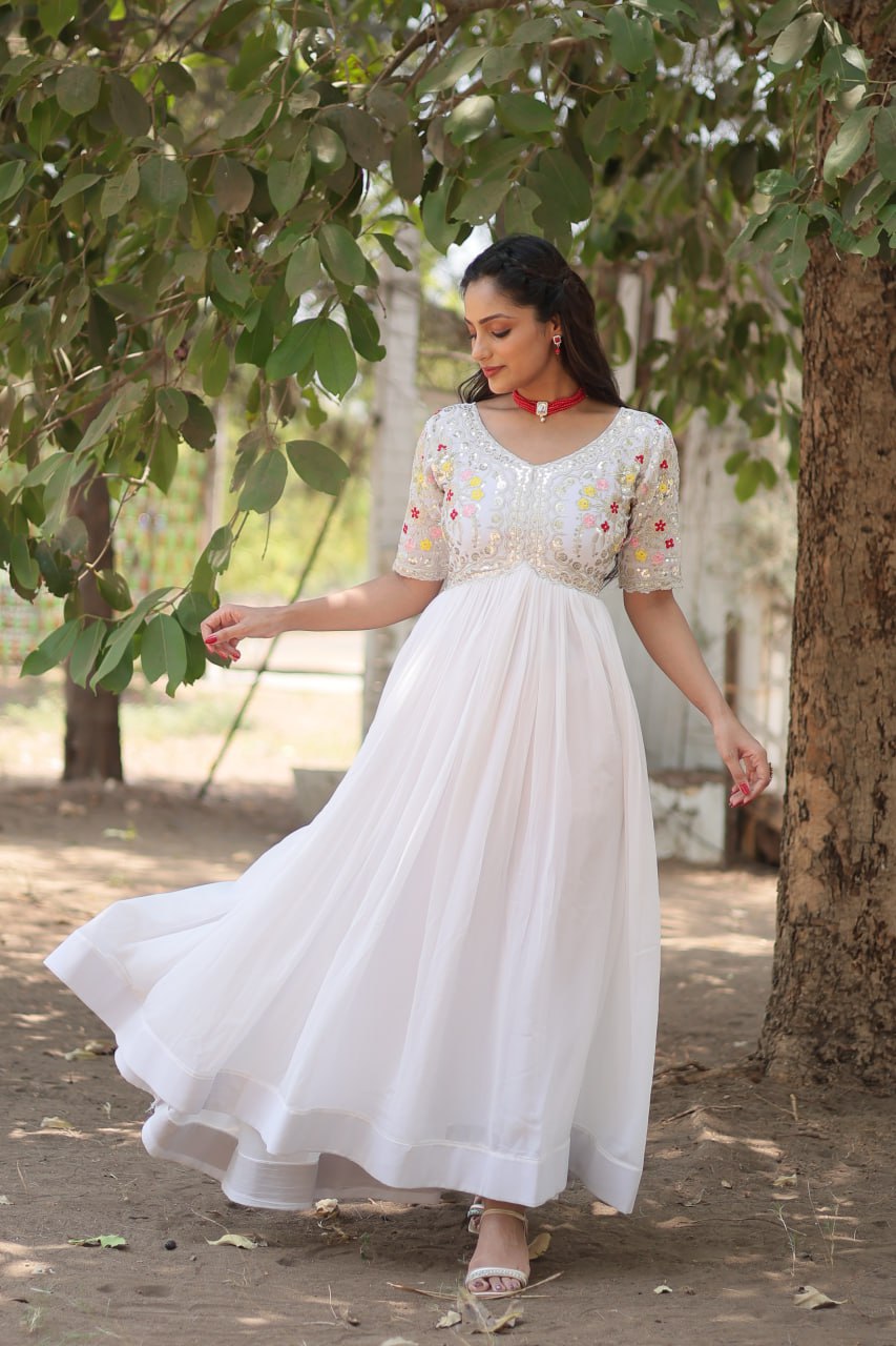 Faux Blooming White Gown with Zari & Sequin Embellishments