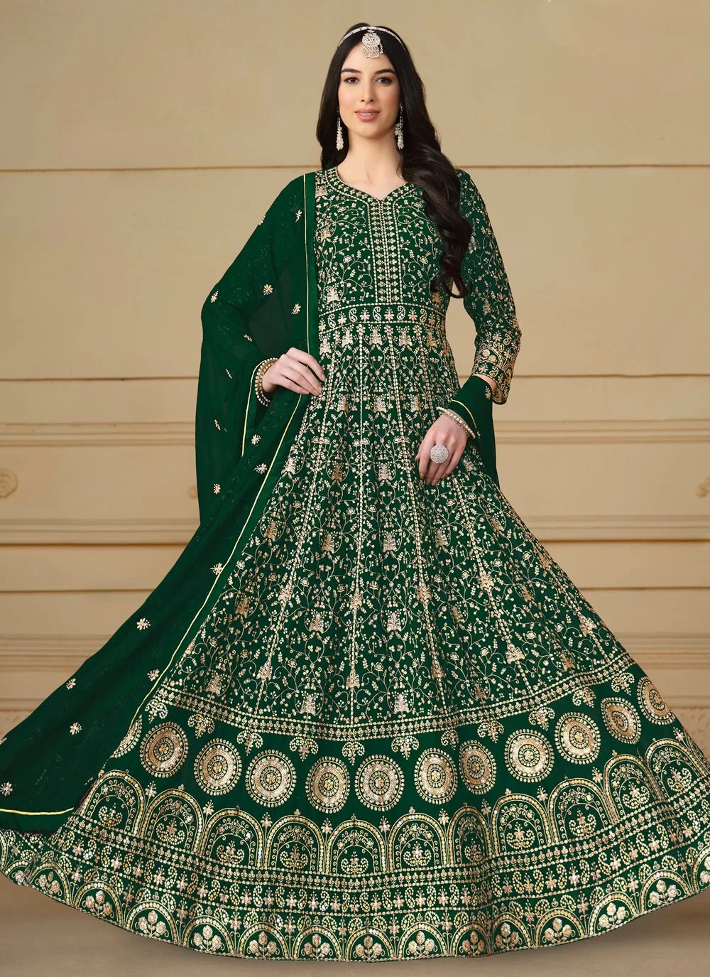 Elegant green faux georgette eid special anarkali suit with dupatta
