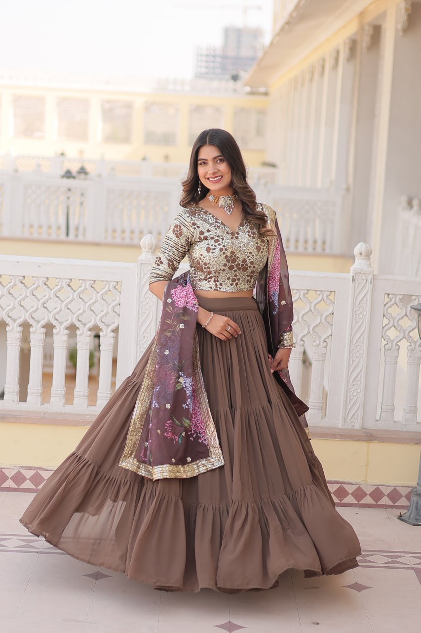 Faux Georgette Beige Lehenga Choli Set with Sequin Embroidery and Digital Print Dupatta