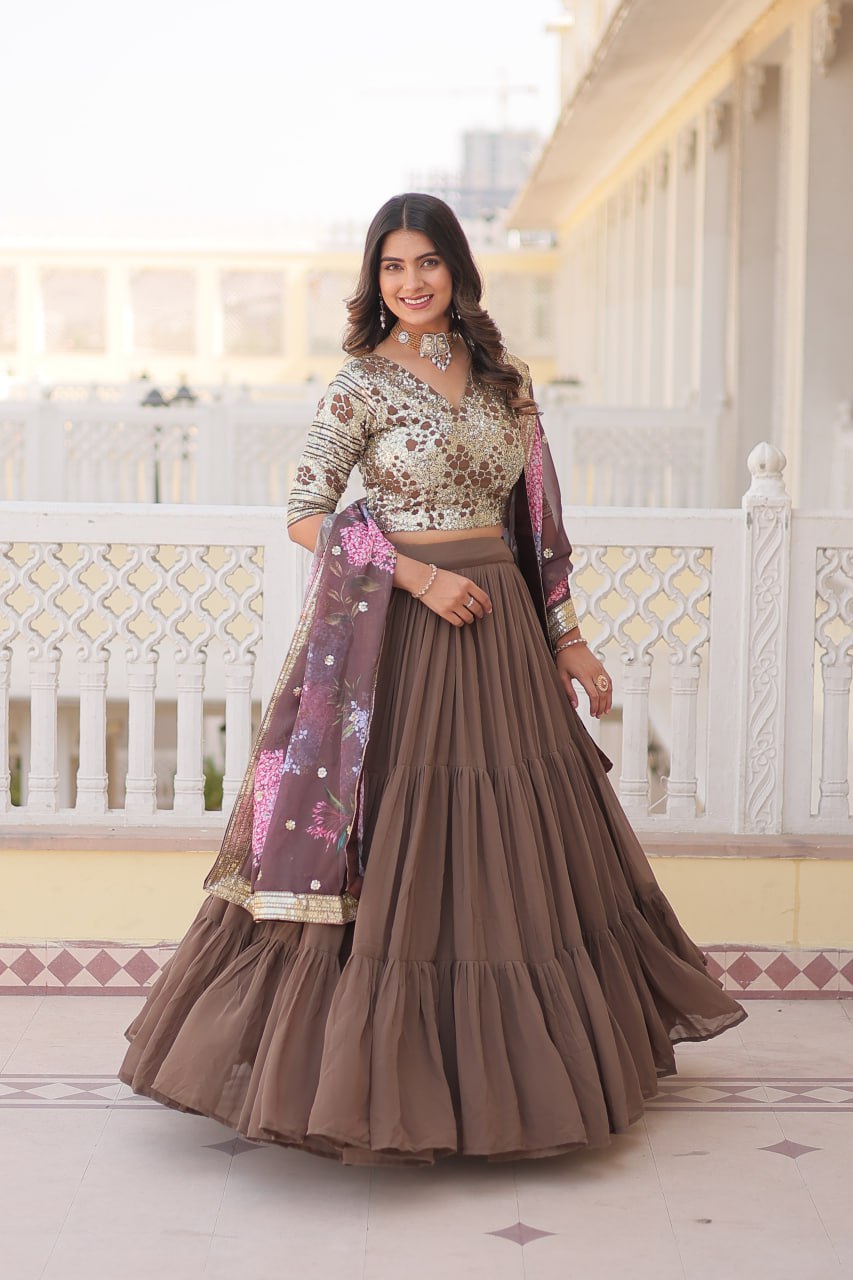 Faux Georgette Beige Lehenga Choli Set with Sequin Embroidery and Digital Print Dupatta