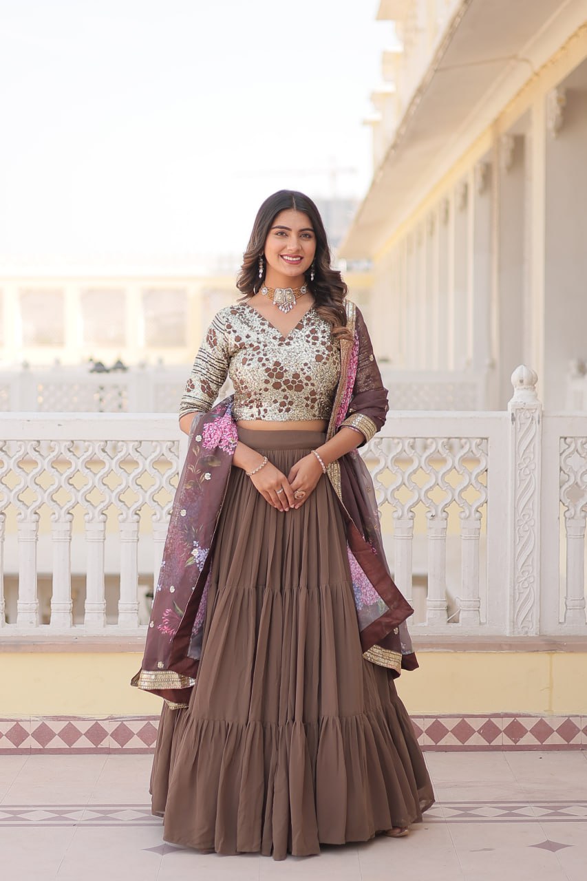 Faux Georgette Beige Lehenga Choli Set with Sequin Embroidery and Digital Print Dupatta