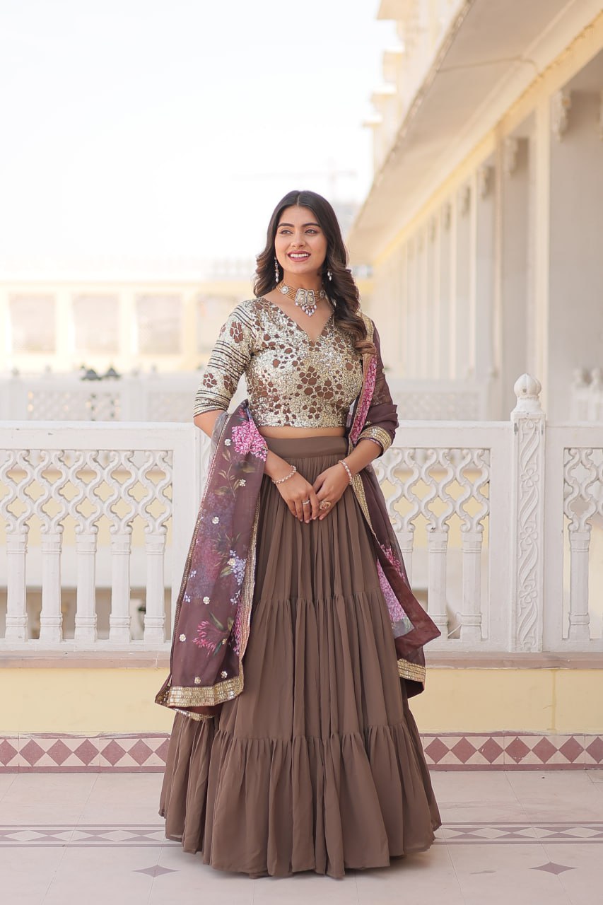 Faux Georgette Beige Lehenga Choli Set with Sequin Embroidery and Digital Print Dupatta