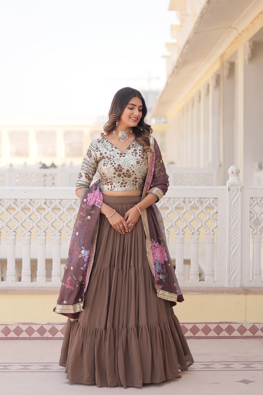 Faux Georgette Beige Lehenga Choli Set with Sequin Embroidery and Digital Print Dupatta