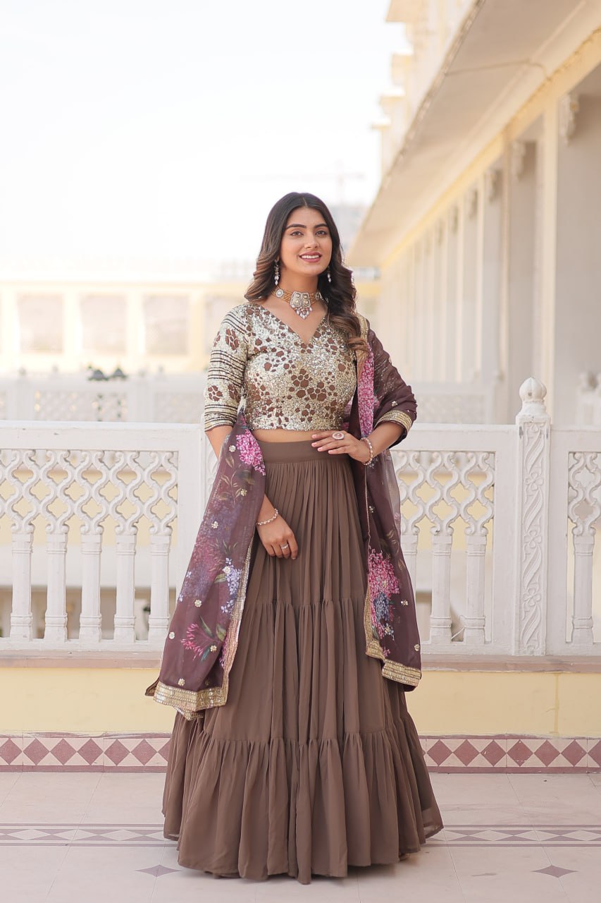 Faux Georgette Beige Lehenga Choli Set with Sequin Embroidery and Digital Print Dupatta