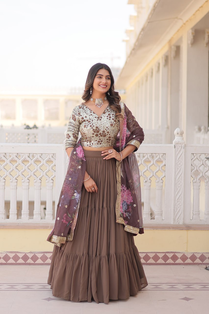 Faux Georgette Beige Lehenga Choli Set with Sequin Embroidery and Digital Print Dupatta