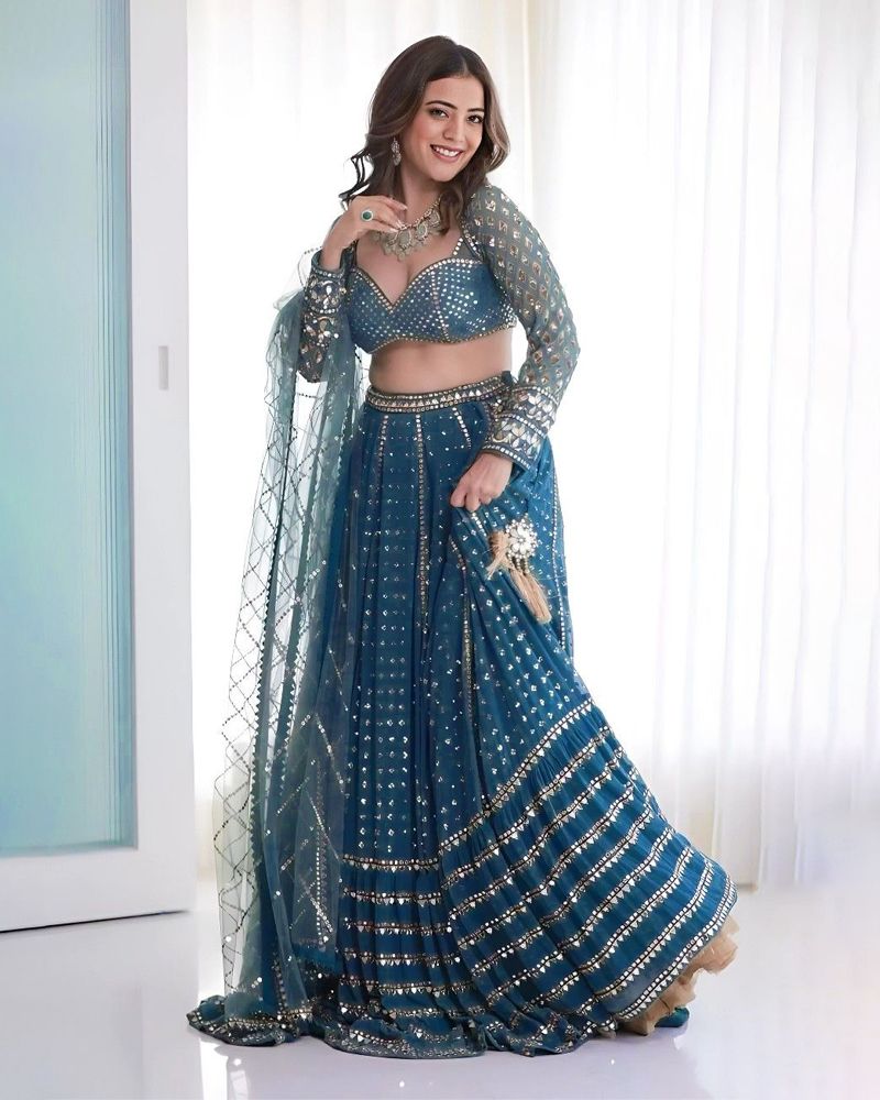 Faux Georgette Blue Lehenga Choli Dupatta Set with Sequin & Jari Embroidery, 4 Meter Flair