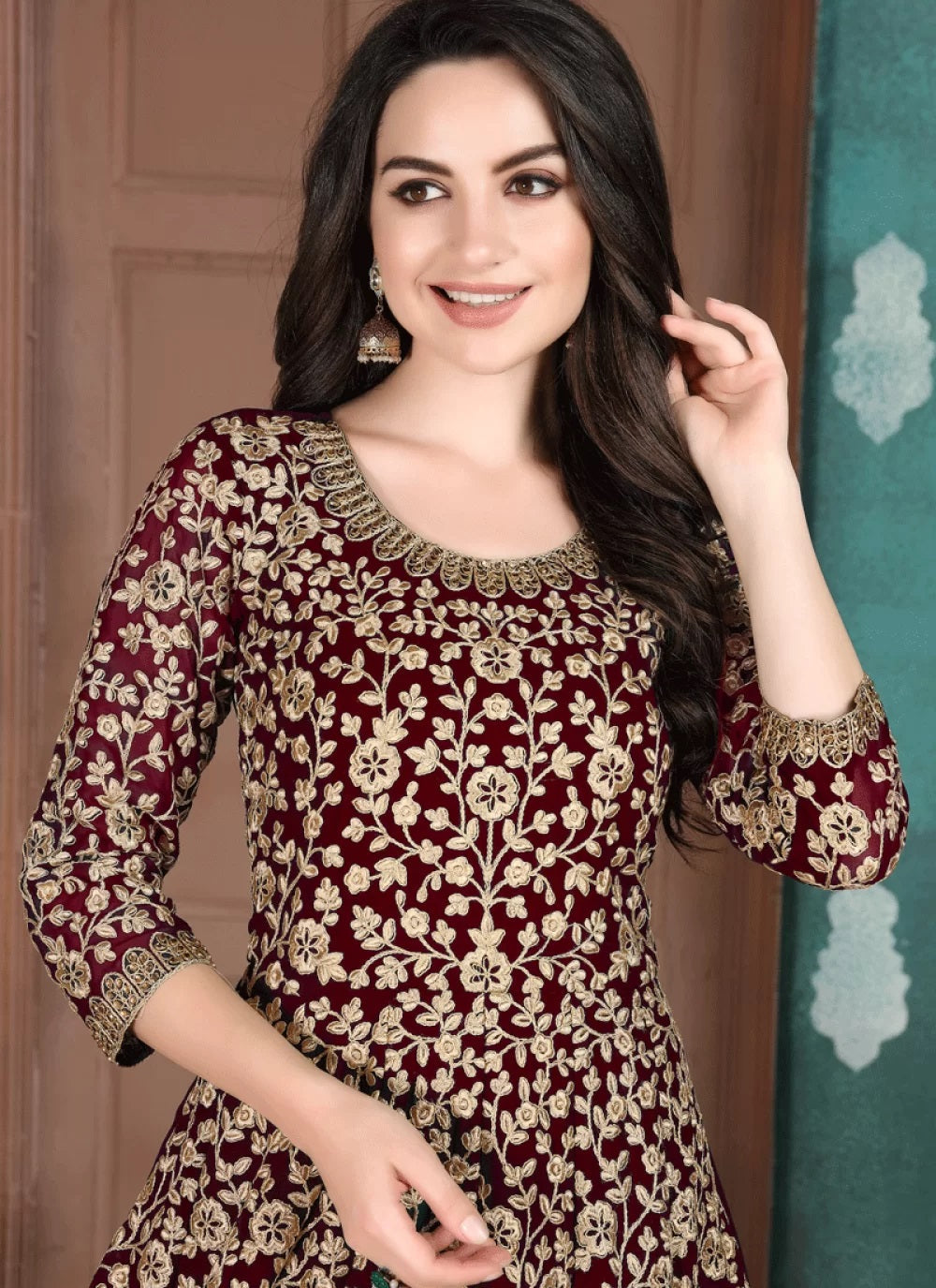 Faux georgette embroidered maroon anarkali suit