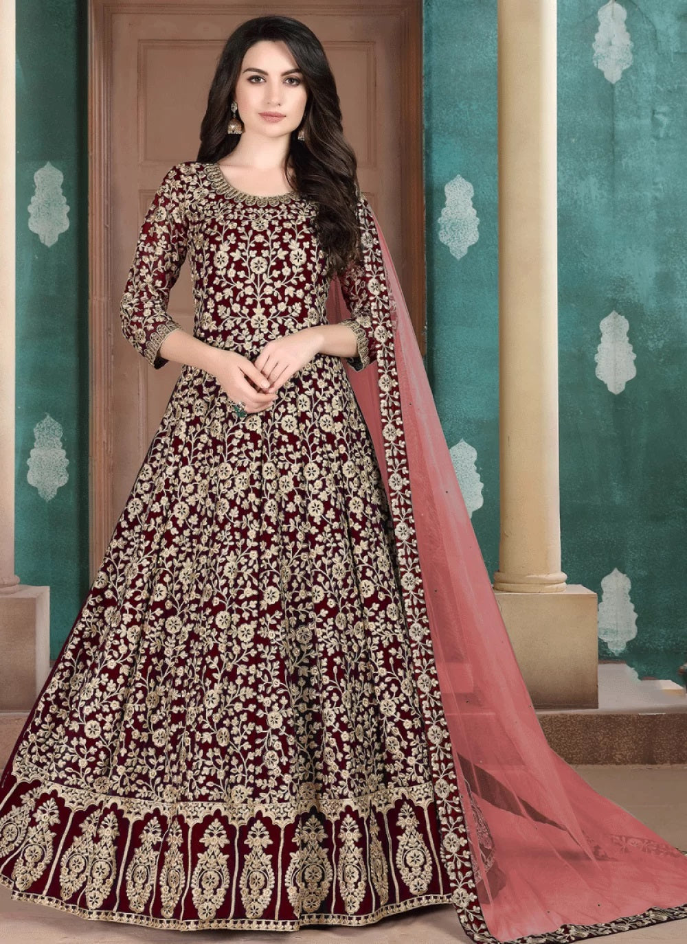 Faux georgette embroidered maroon anarkali suit