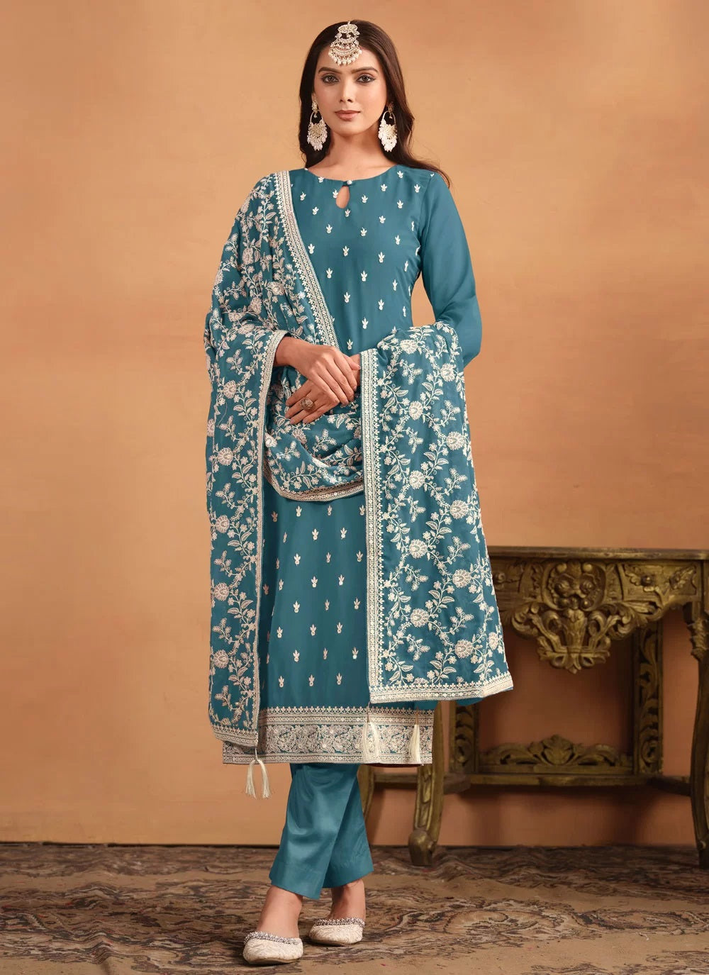 Faux georgette embroidered plus size suit for women in teal