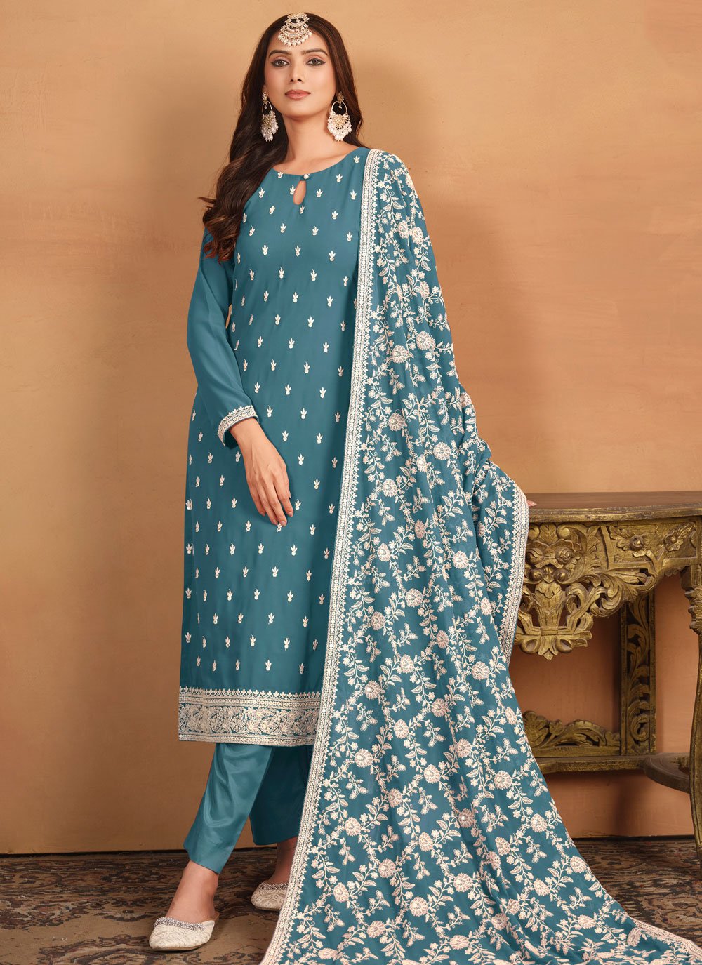 Faux georgette embroidered plus size suit for women in teal