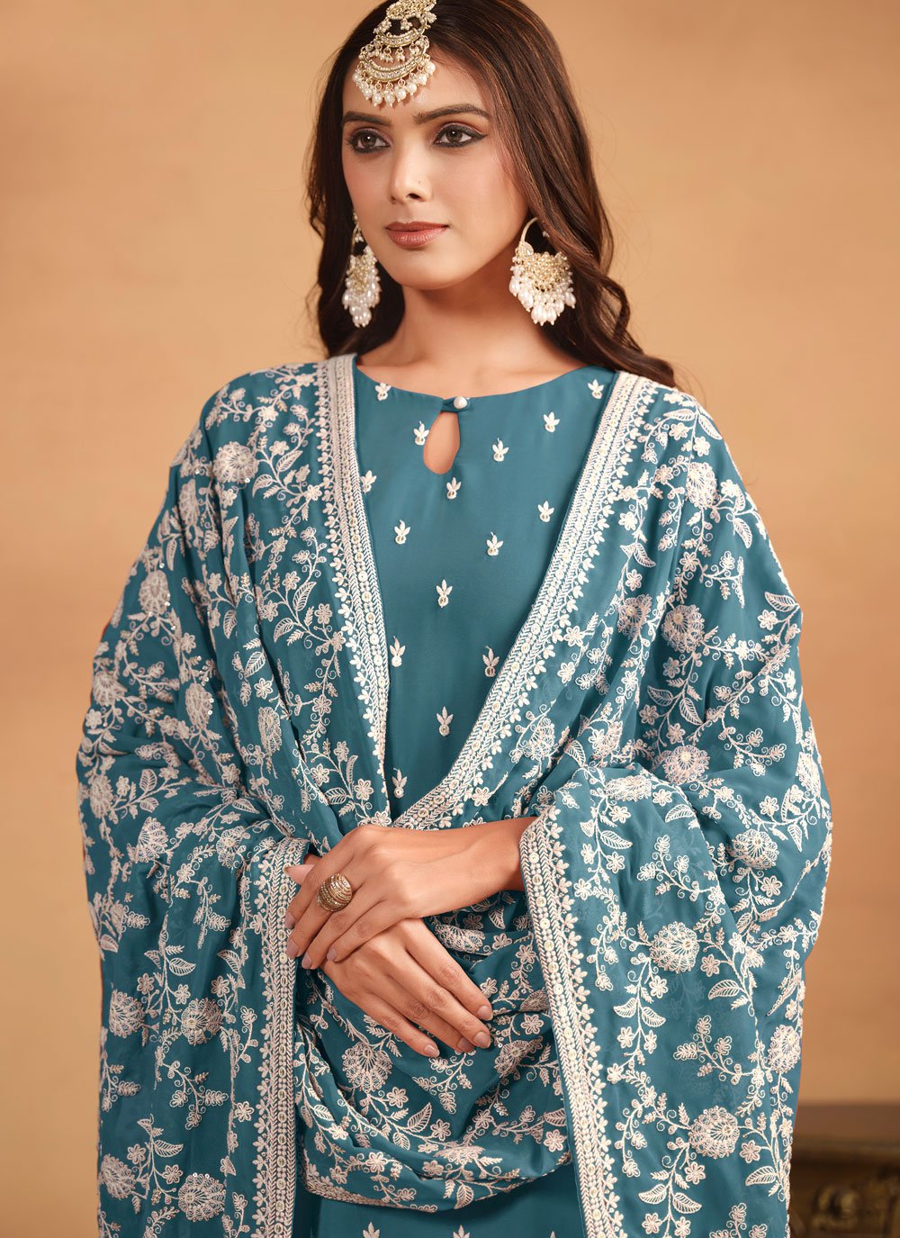 Faux georgette embroidered plus size suit for women in teal