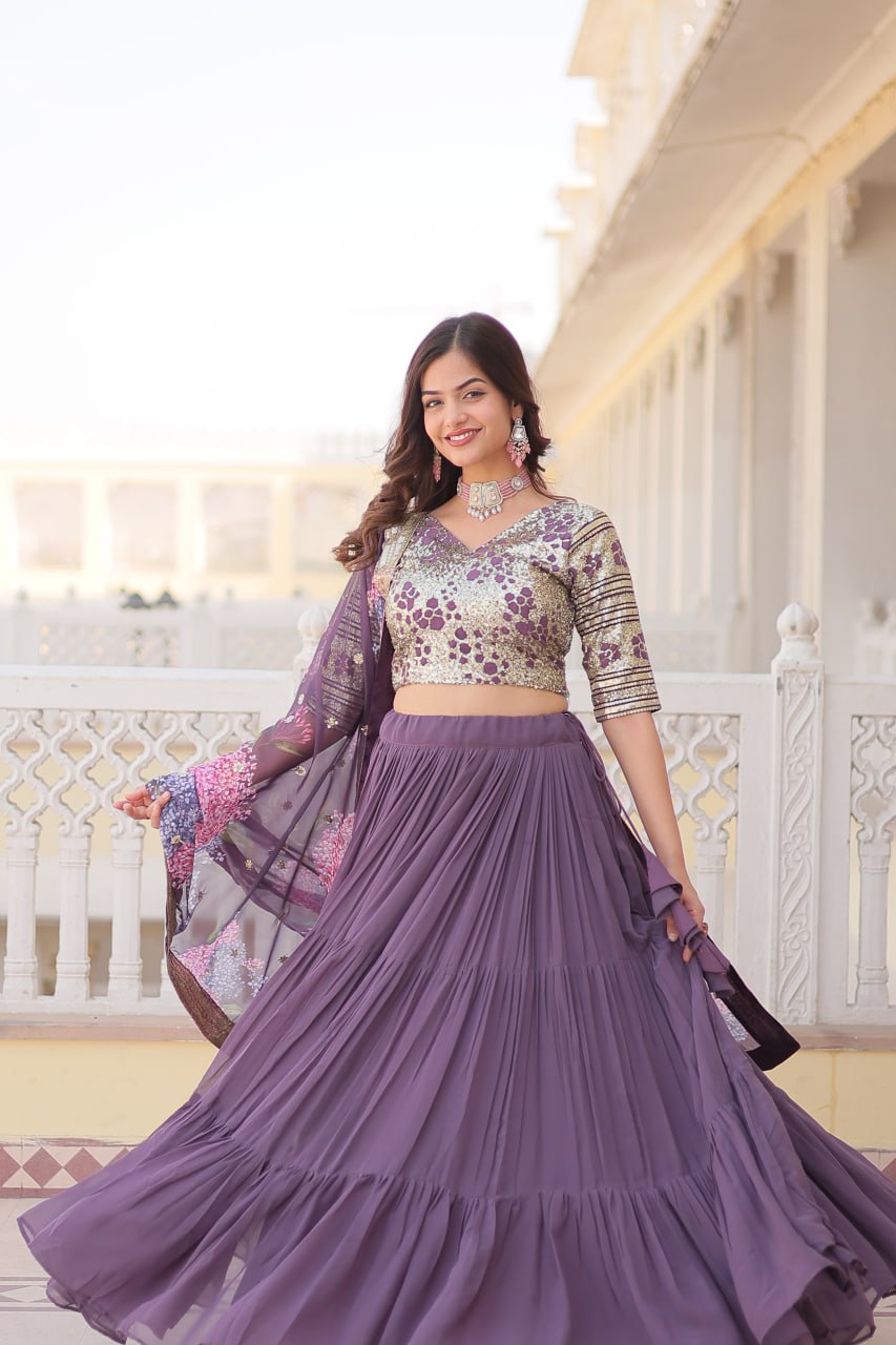 Faux Georgette Lavender Lehenga Choli Set with Sequin Embroidery and Digital Print Dupatta