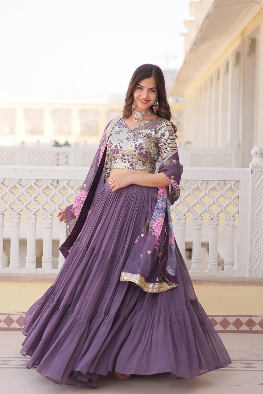 Faux Georgette Lavender Lehenga Choli Set with Sequin Embroidery and Digital Print Dupatta