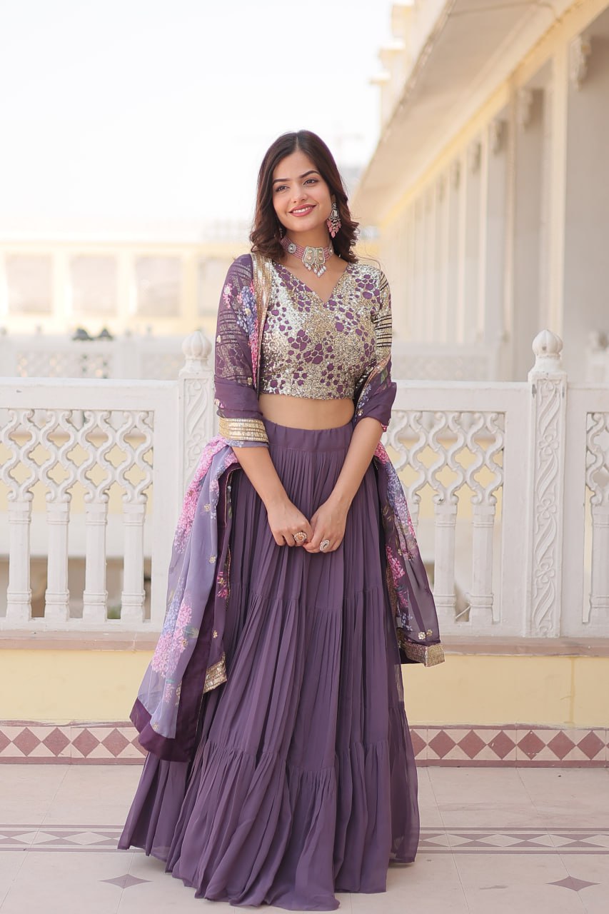 Faux Georgette Lavender Lehenga Choli Set with Sequin Embroidery and Digital Print Dupatta