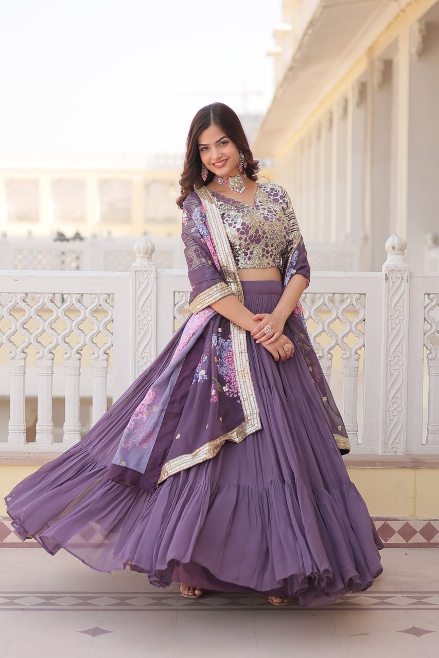 Faux Georgette Lavender Lehenga Choli Set with Sequin Embroidery and Digital Print Dupatta