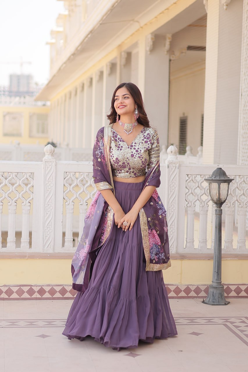 Faux Georgette Lavender Lehenga Choli Set with Sequin Embroidery and Digital Print Dupatta