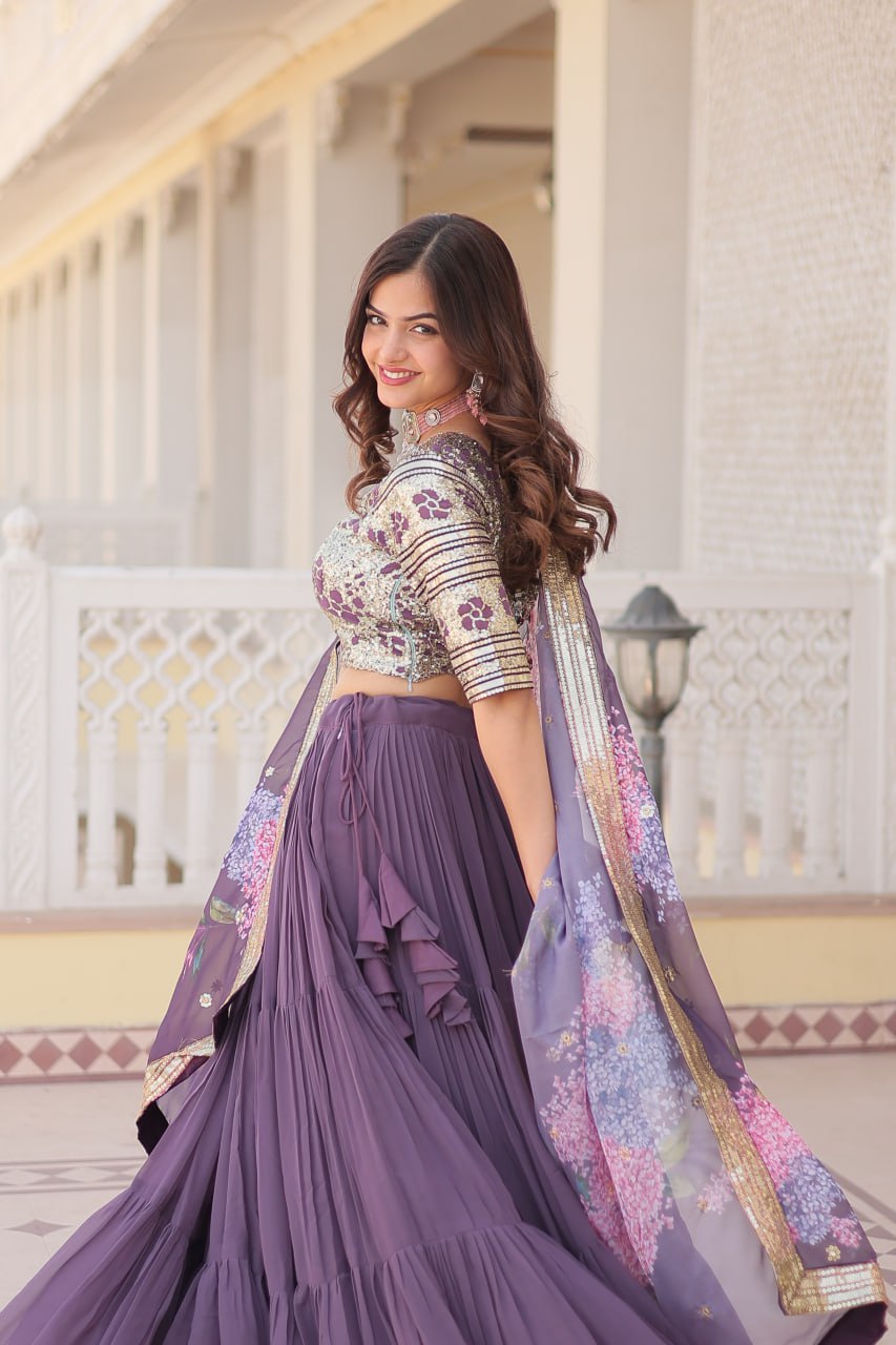 Faux Georgette Lavender Lehenga Choli Set with Sequin Embroidery and Digital Print Dupatta