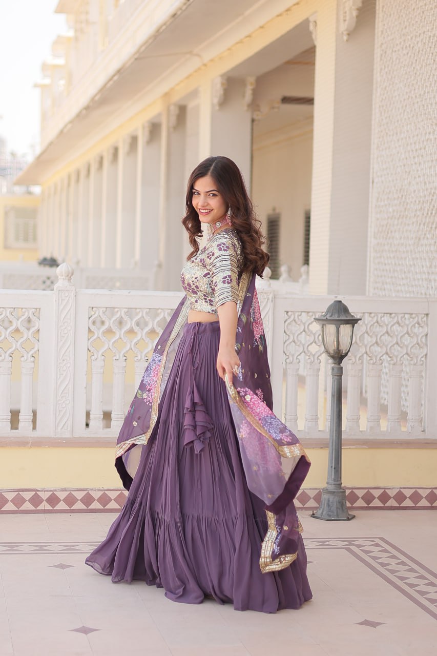 Faux Georgette Lavender Lehenga Choli Set with Sequin Embroidery and Digital Print Dupatta