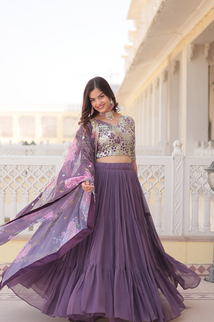 Faux Georgette Lavender Lehenga Choli Set with Sequin Embroidery and Digital Print Dupatta