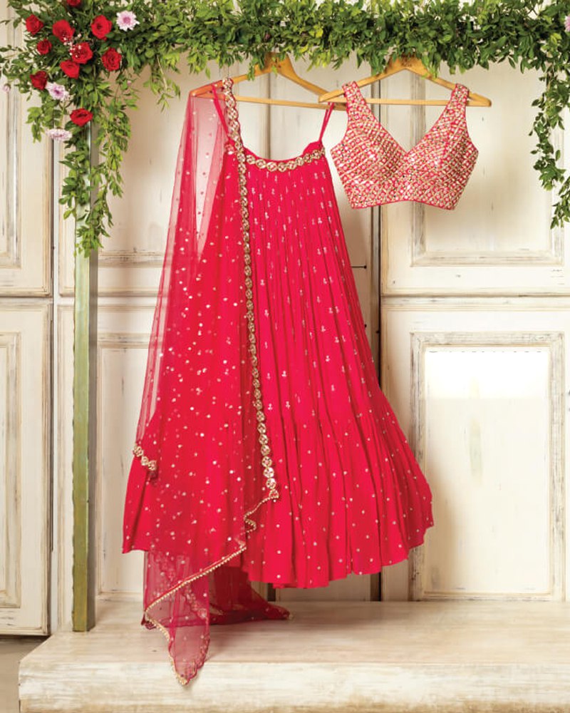 Faux Georgette Magenta Lehenga Choli Dupatta Set with Sequence & Jari Embroidery