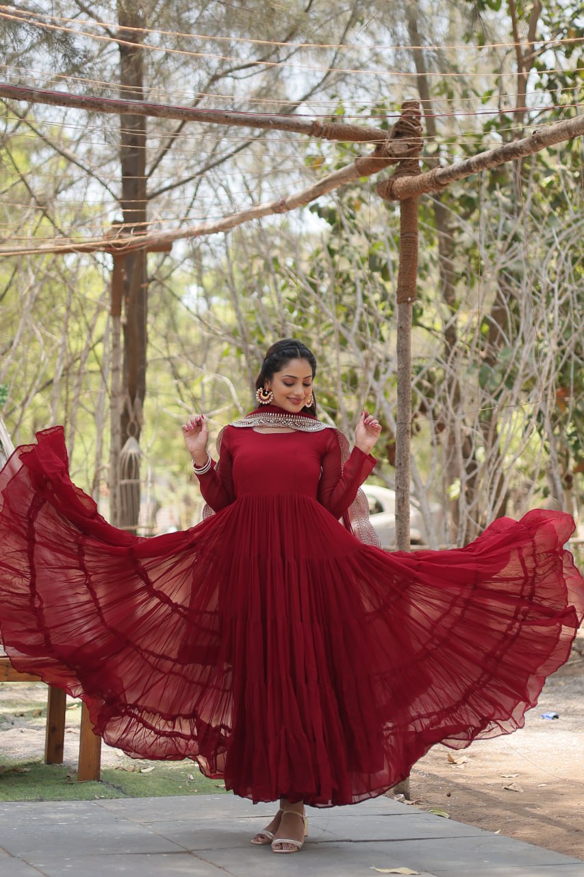 Faux Georgette Maroon Gown with Cascading Frills and Sequin Dupatta