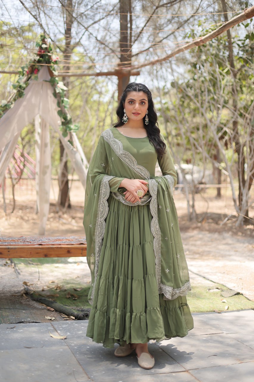 Faux Georgette Mehendi Color Gown with Cascading Frills and Sequin Dupatta