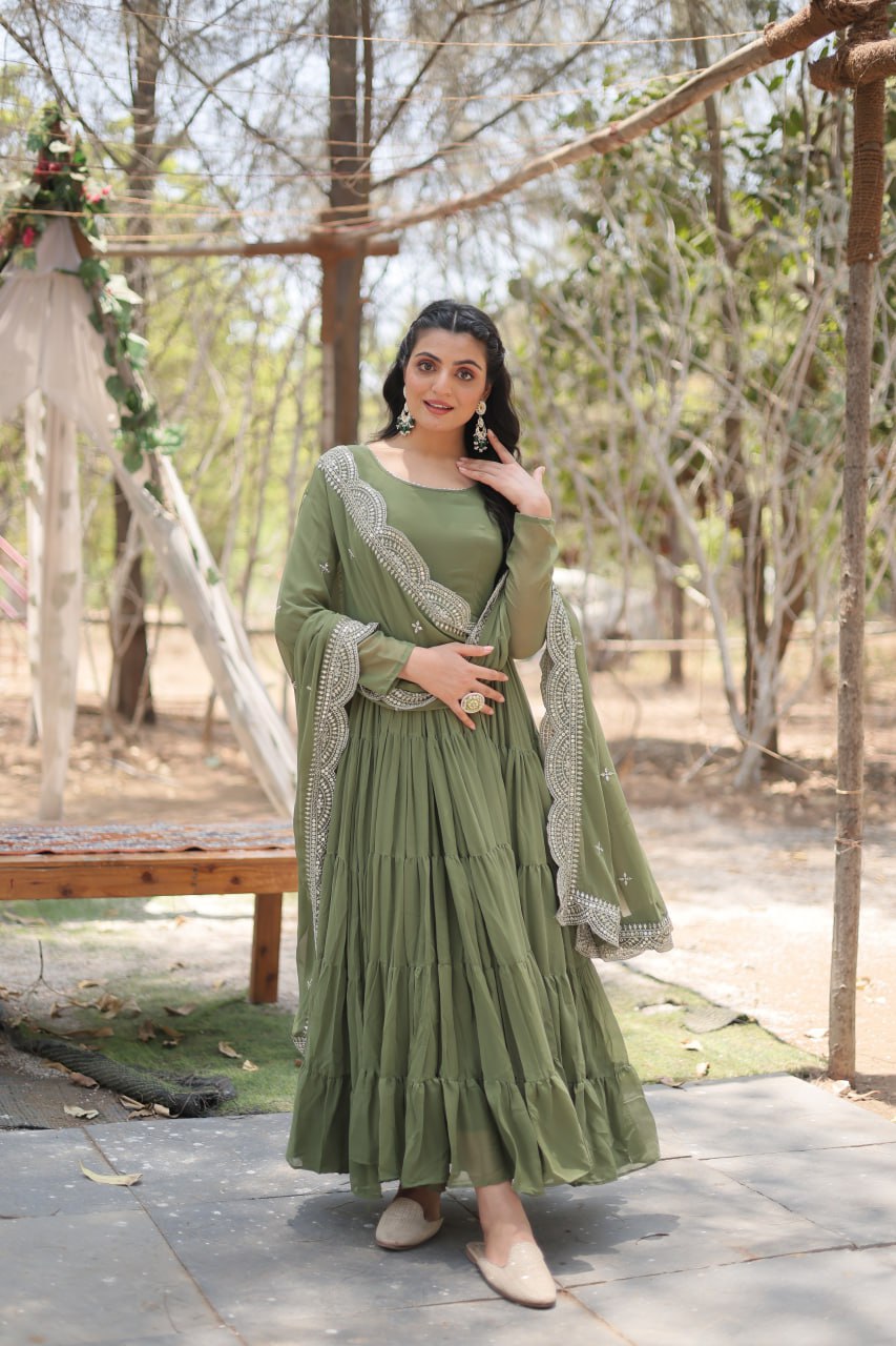 Faux Georgette Mehendi Color Gown with Cascading Frills and Sequin Dupatta
