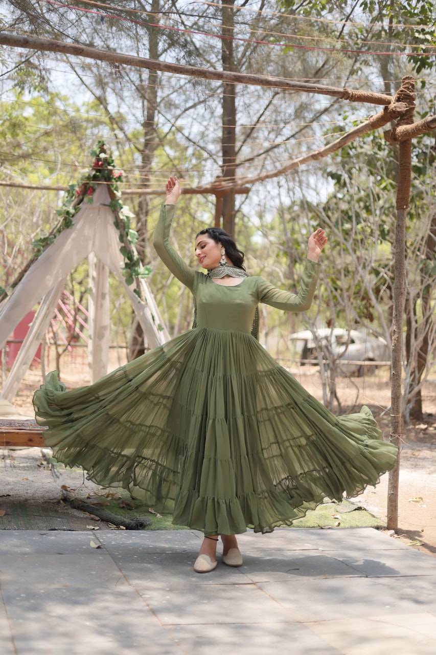 Faux Georgette Mehendi Color Gown with Cascading Frills and Sequin Dupatta