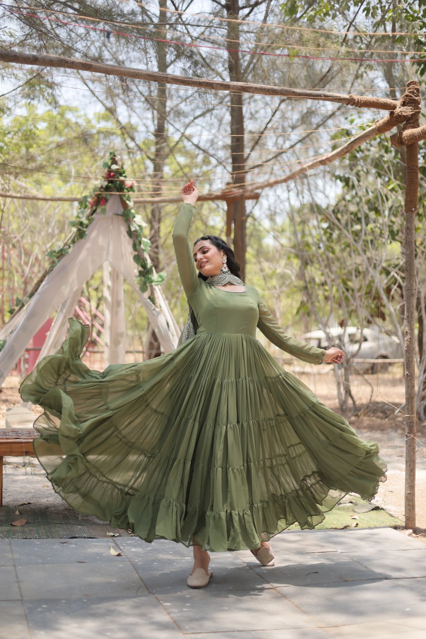 Faux Georgette Mehendi Color Gown with Cascading Frills and Sequin Dupatta