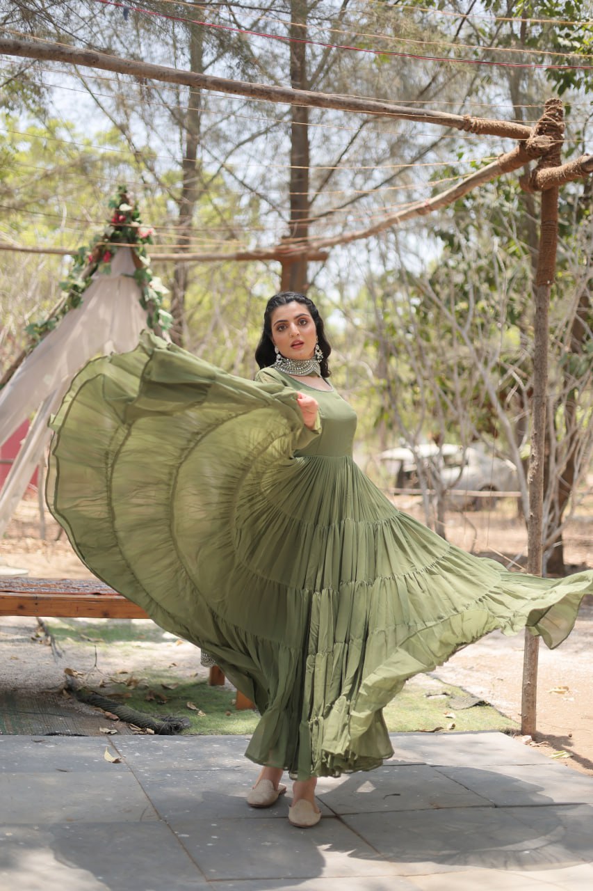 Faux Georgette Mehendi Color Gown with Cascading Frills and Sequin Dupatta