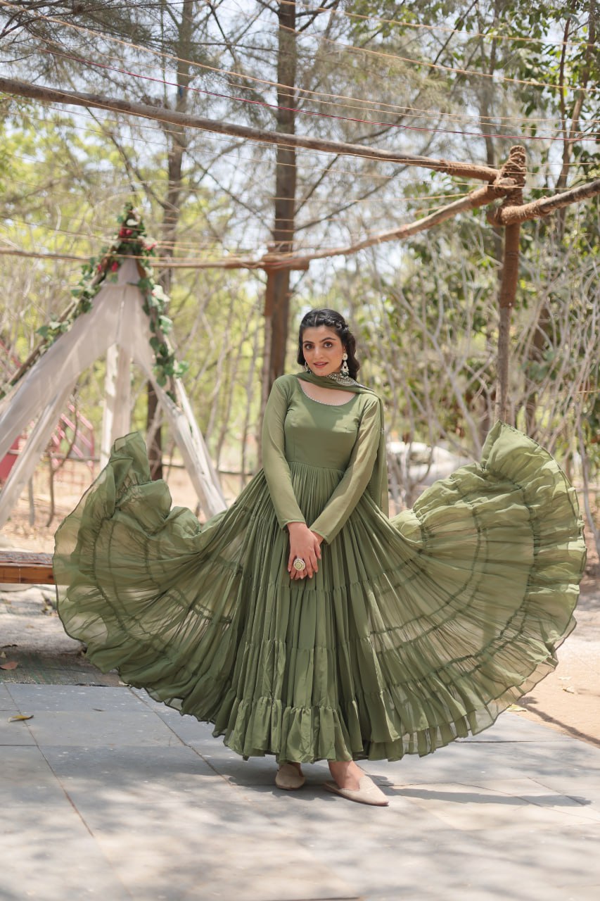 Faux Georgette Mehendi Color Gown with Cascading Frills and Sequin Dupatta