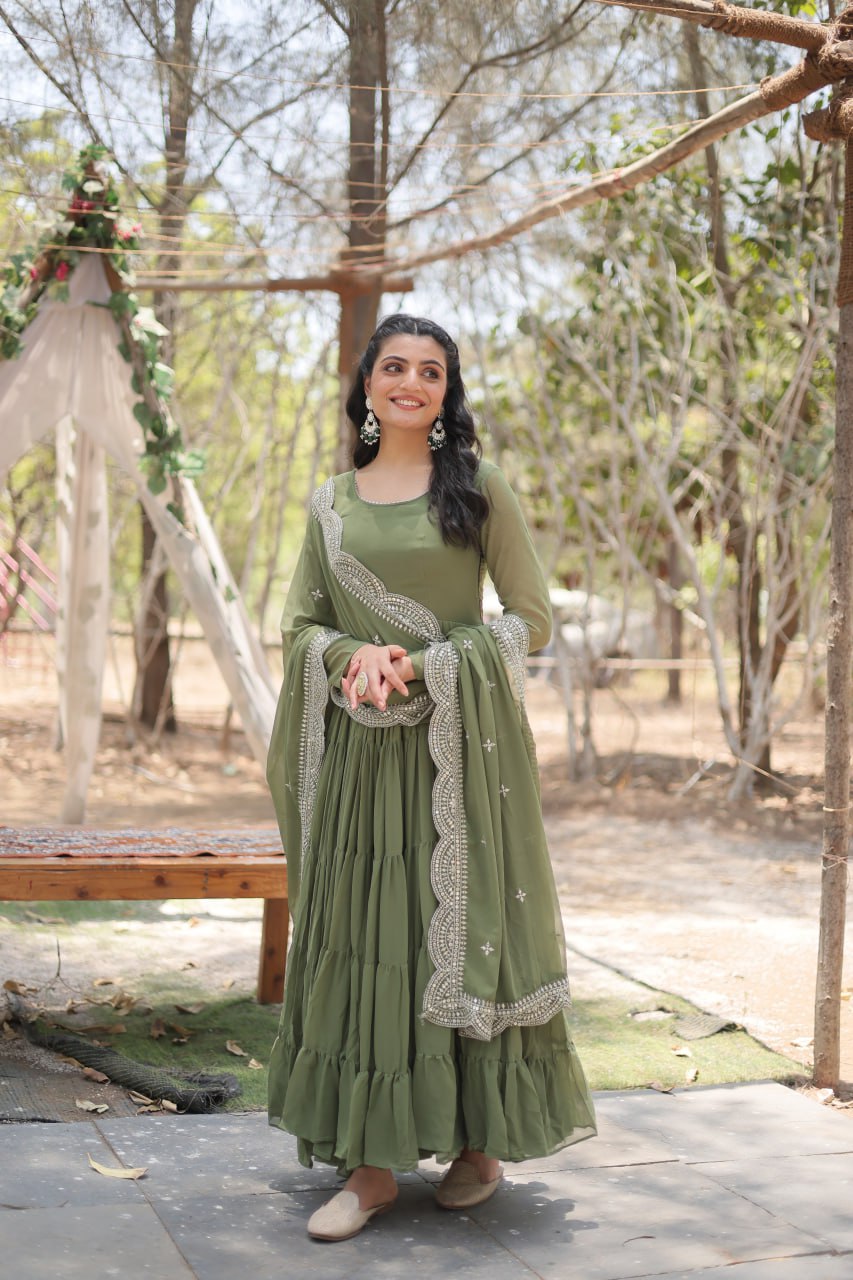 Faux Georgette Mehendi Color Gown with Cascading Frills and Sequin Dupatta