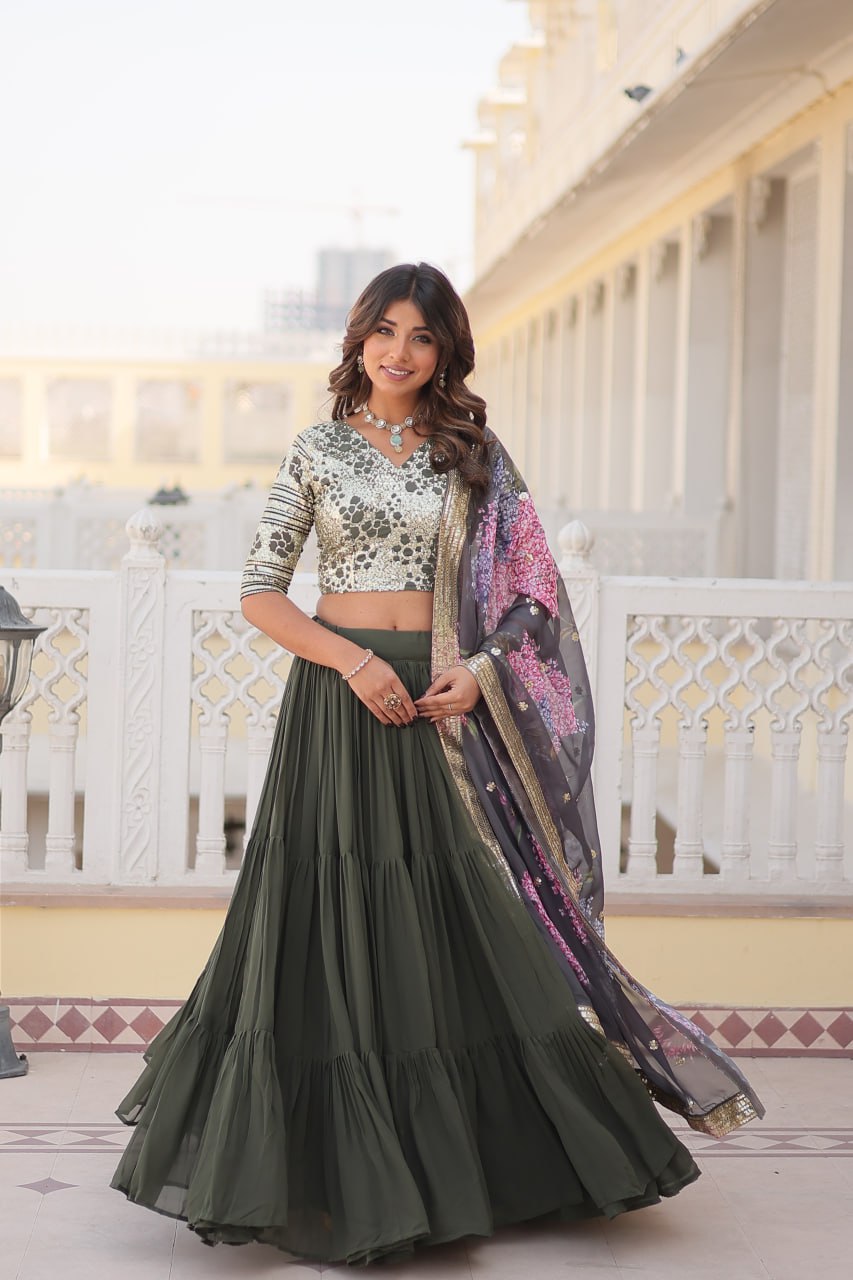 Faux Georgette Mehendi Lehenga Choli Set with Sequin Embroidery and Digital Print Dupatta