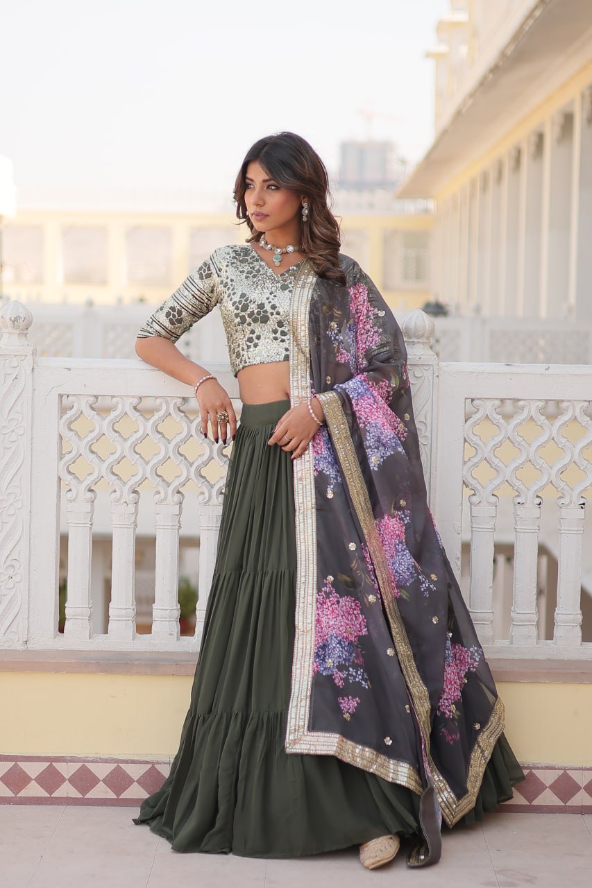 Faux Georgette Mehendi Lehenga Choli Set with Sequin Embroidery and Digital Print Dupatta