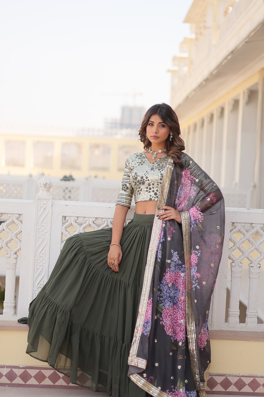 Faux Georgette Mehendi Lehenga Choli Set with Sequin Embroidery and Digital Print Dupatta