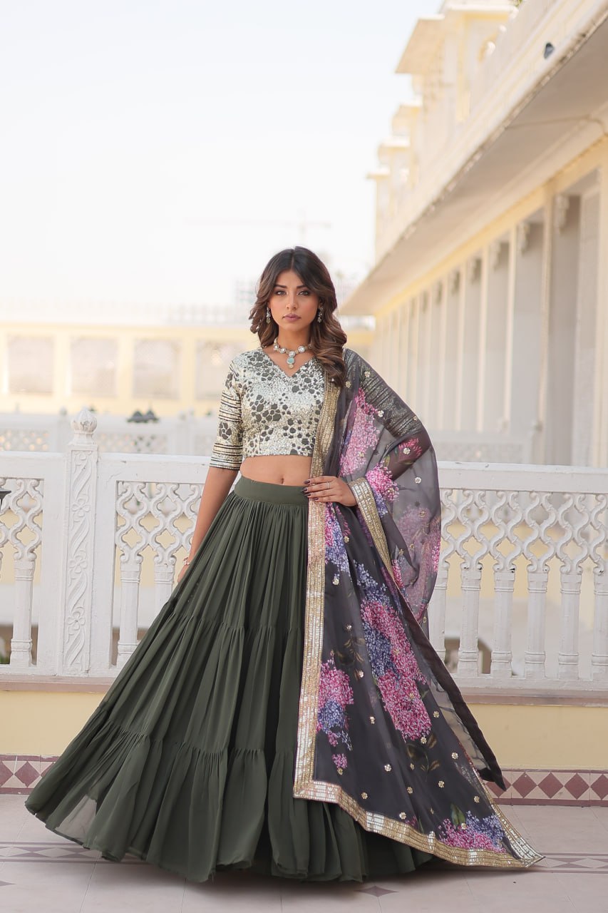 Faux Georgette Mehendi Lehenga Choli Set with Sequin Embroidery and Digital Print Dupatta