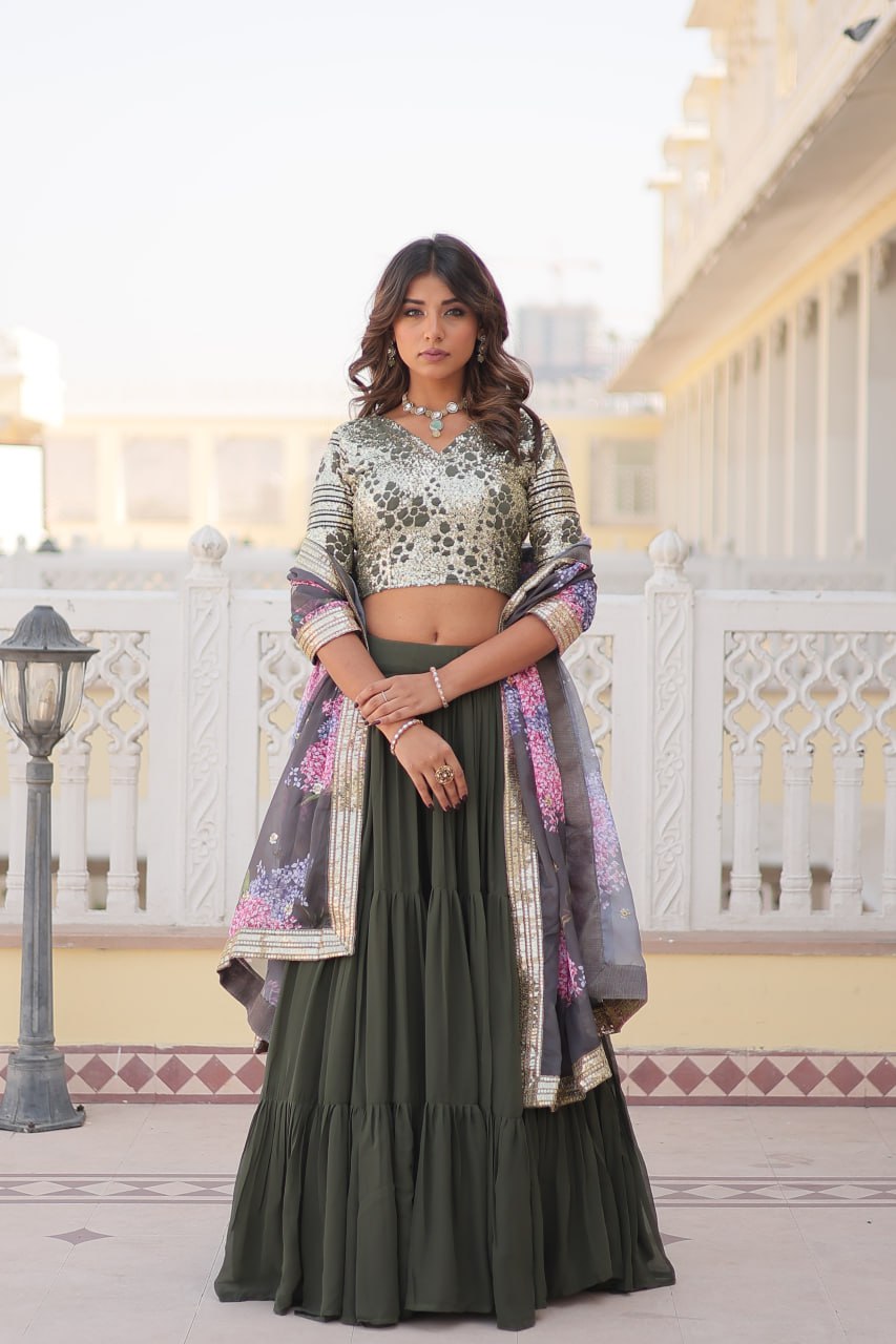 Faux Georgette Mehendi Lehenga Choli Set with Sequin Embroidery and Digital Print Dupatta