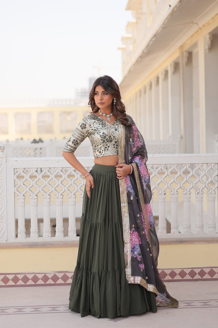 Faux Georgette Mehendi Lehenga Choli Set with Sequin Embroidery and Digital Print Dupatta