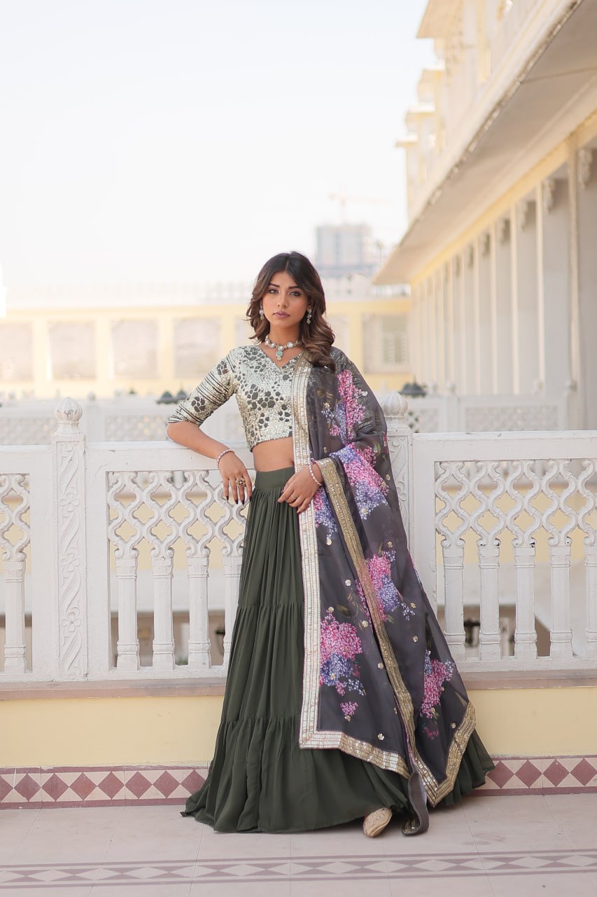 Faux Georgette Mehendi Lehenga Choli Set with Sequin Embroidery and Digital Print Dupatta