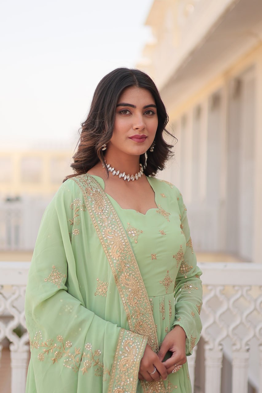Faux Georgette Pista Green Gown with Zari & Sequin Embroidered Dupatta