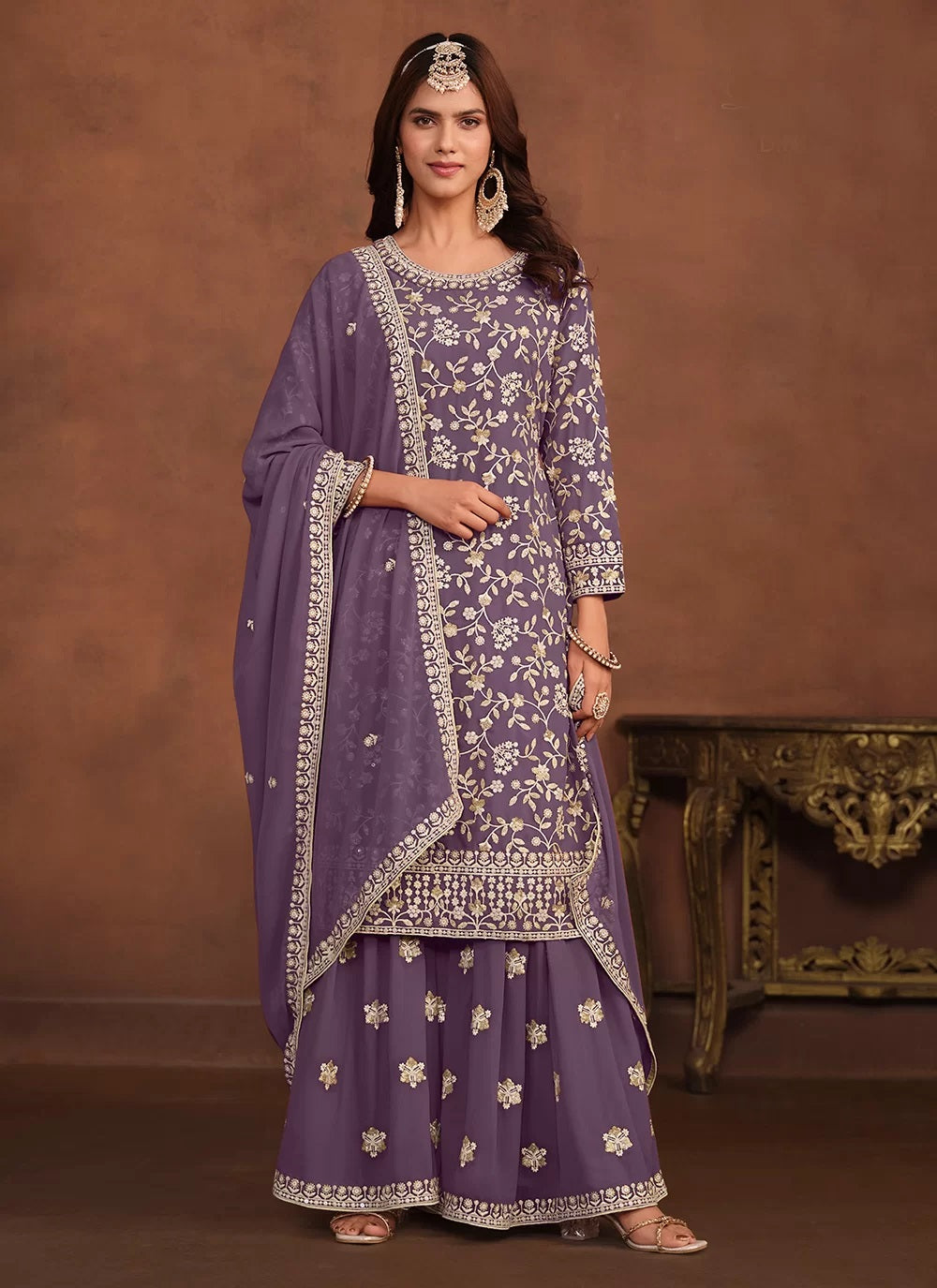Faux georgette sequins embroidered sharara suit in purple
