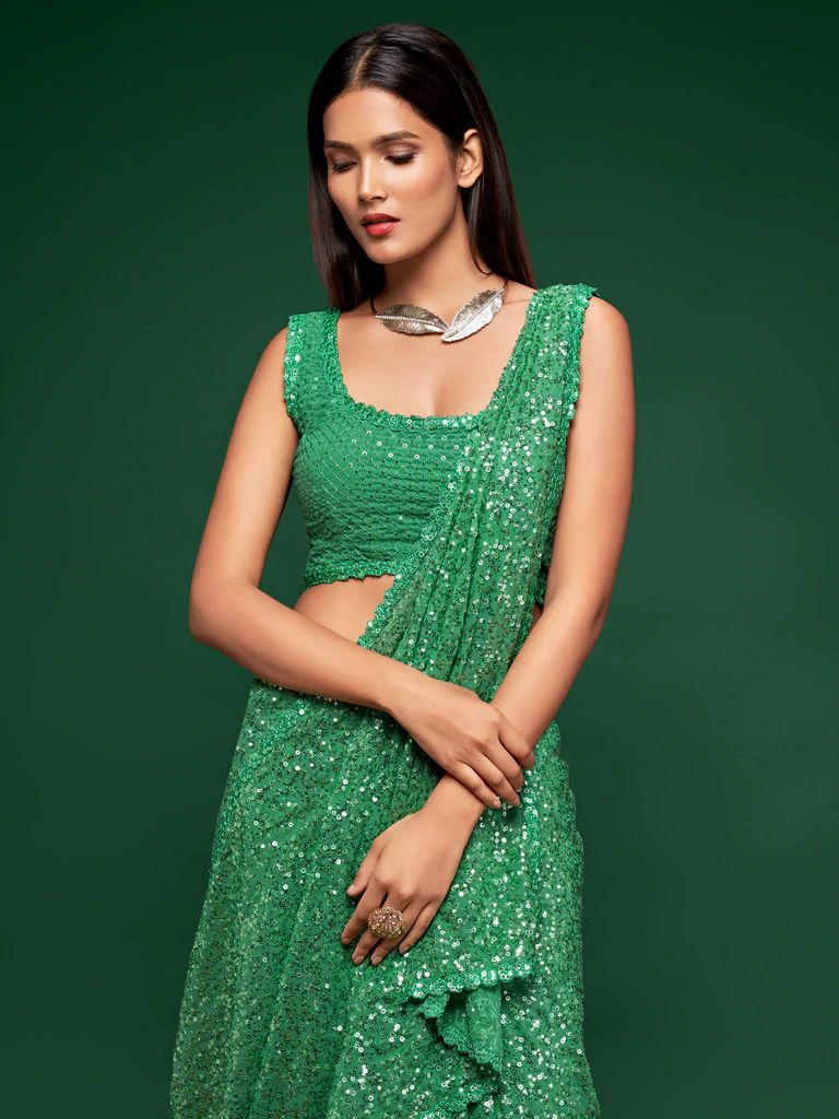 Faux georgette sequins work saree in mint green