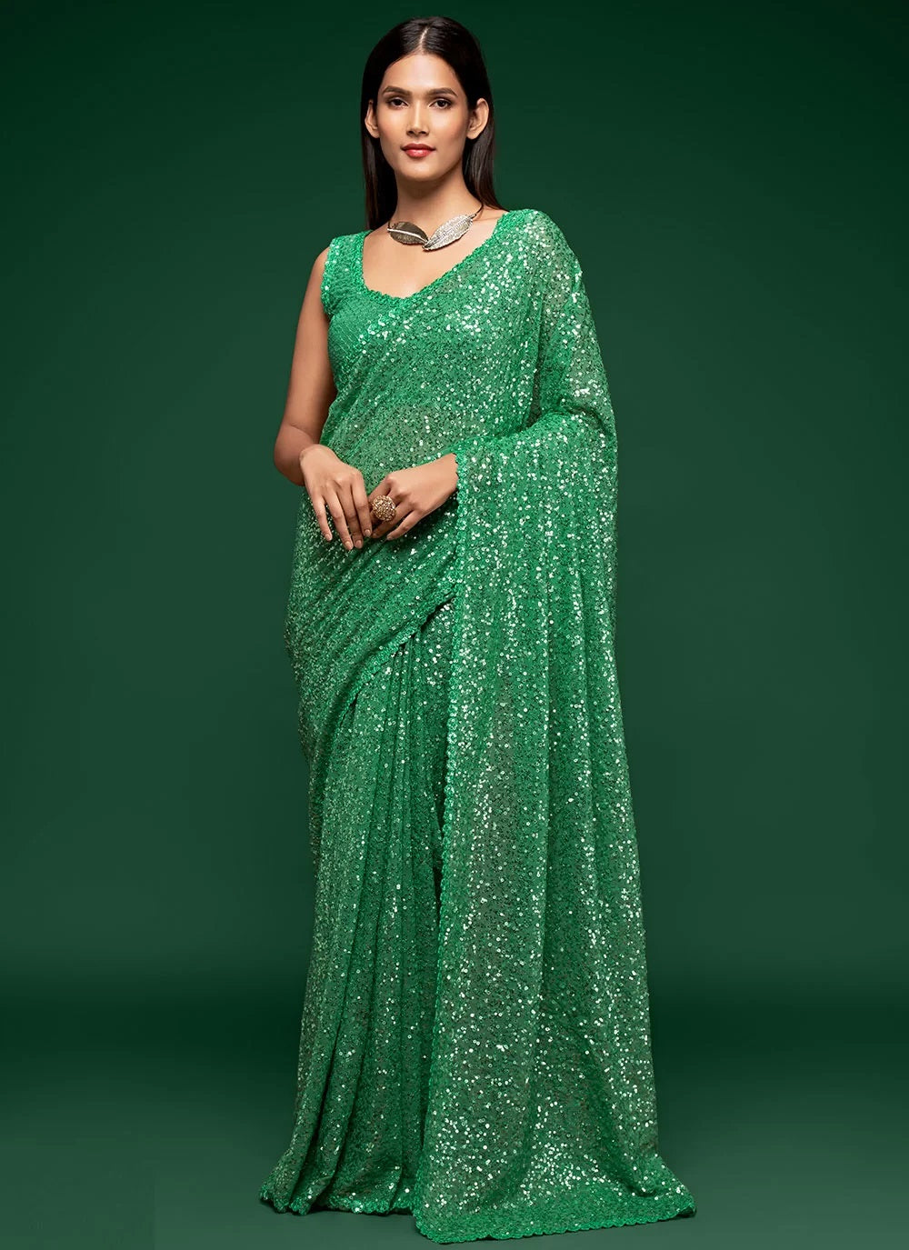 Faux georgette sequins work saree in mint green