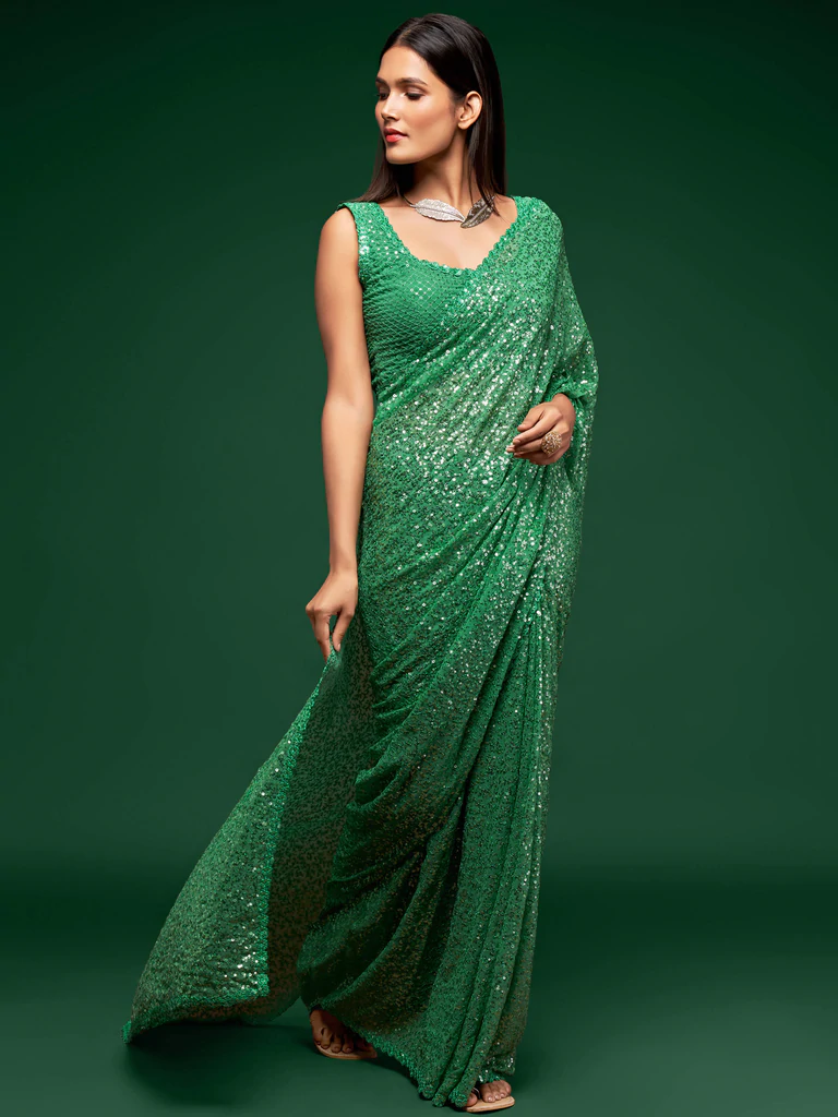 Faux georgette sequins work saree in mint green