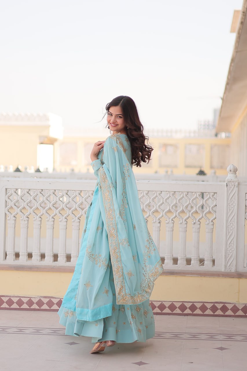 Faux Georgette Sky Blue Gown with Zari & Sequin Embroidered Dupatta